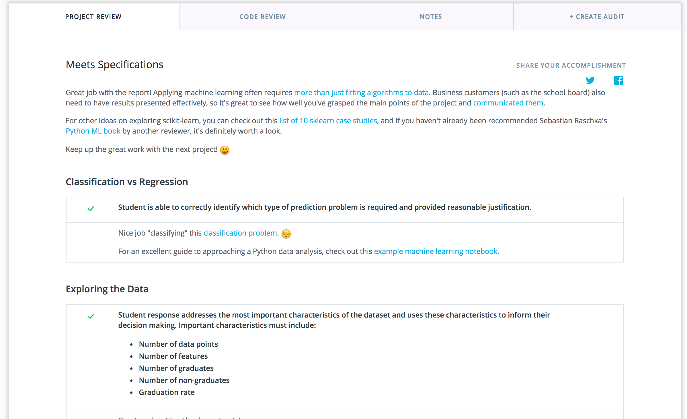 An example of the personalized feedback you'll get on your projects with Udacity.